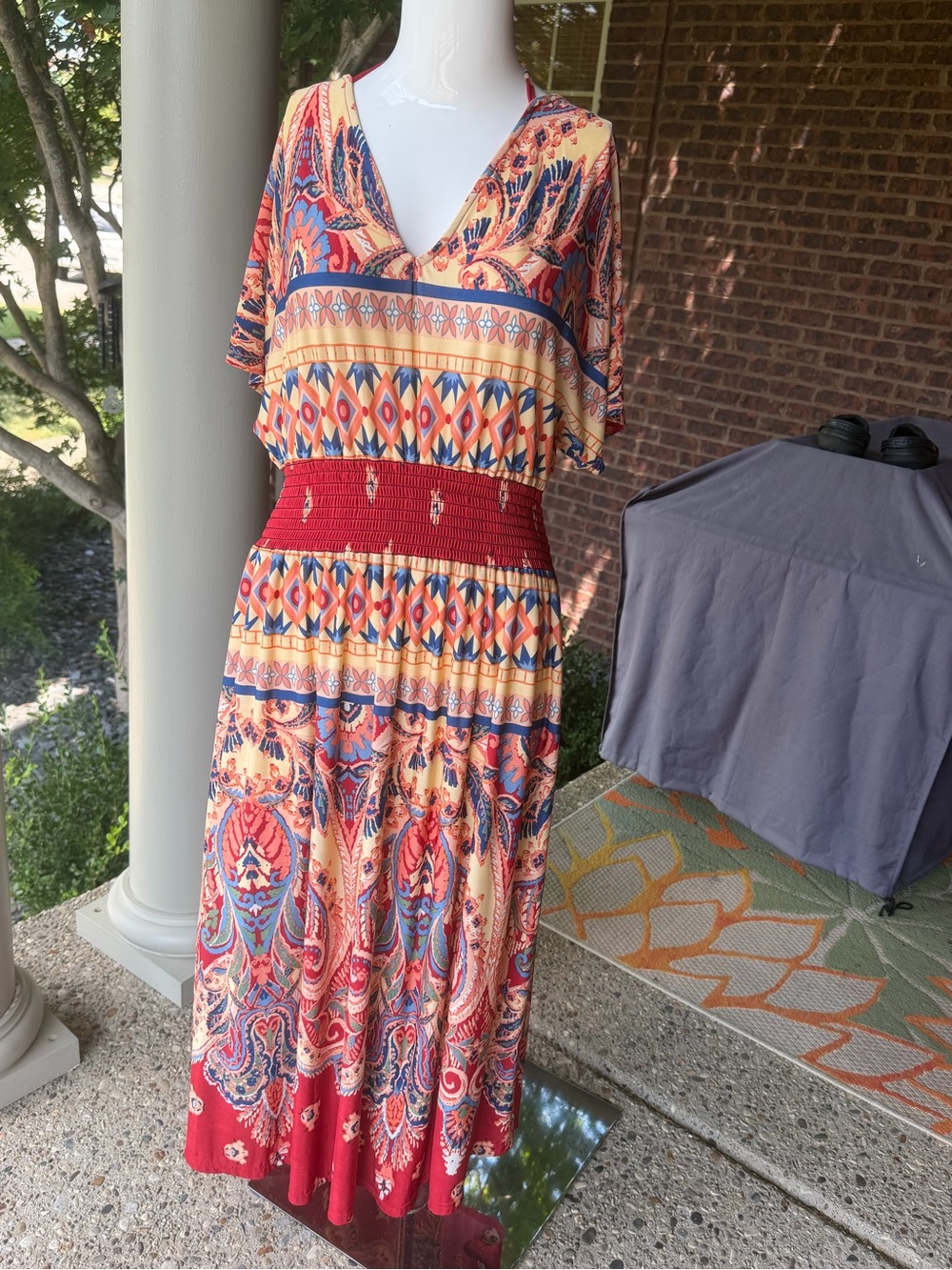 Lildy Boho Paisley Maxi Dress Smocked Tassel Tie Back V-Neck Size L-XL